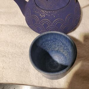 Blue Cast Iron Teapot and Ceramic Cup Set